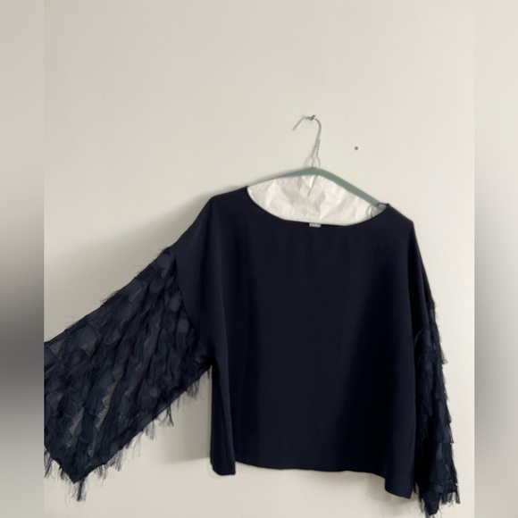 H&M Classy Feminine Summer Feather Shoulder Dark Blue See-Through Blouse - Picture 1 of 10